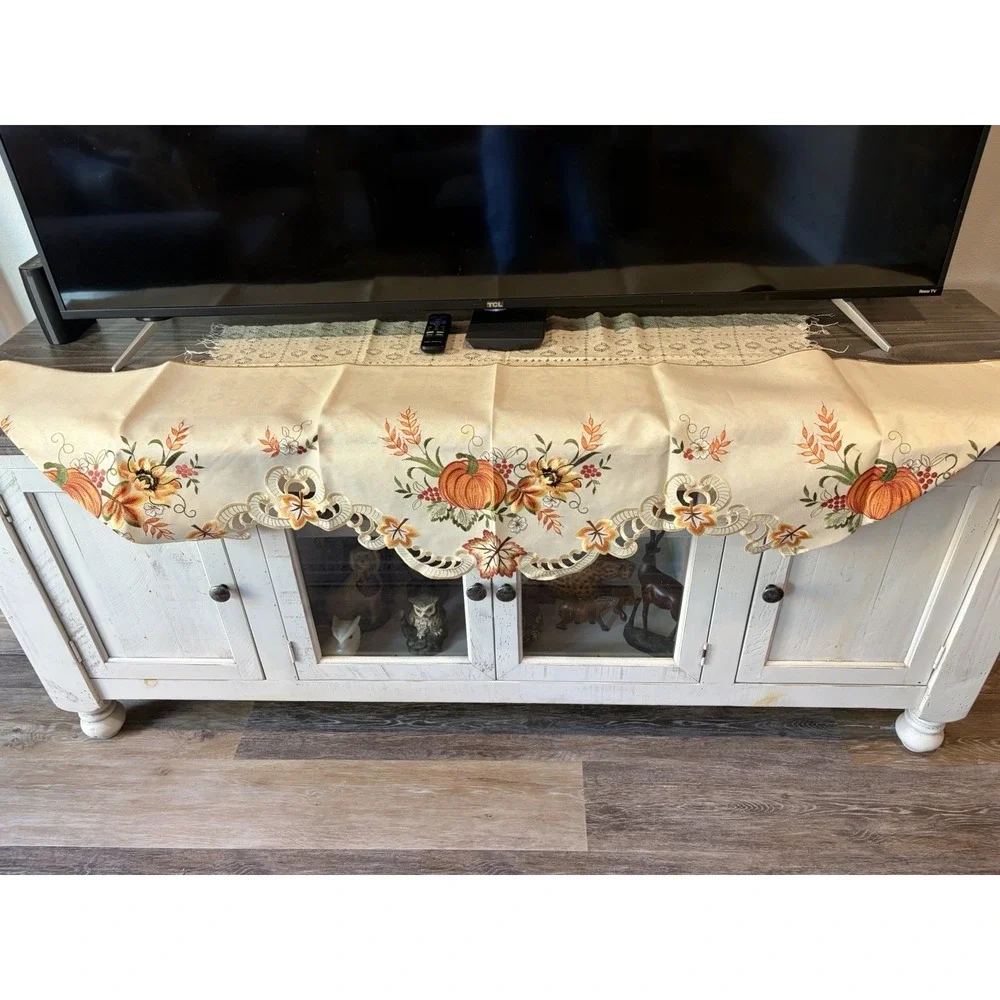 Embroidered Autumn Leaves & Flowers Cut Out Mantle Runner~64